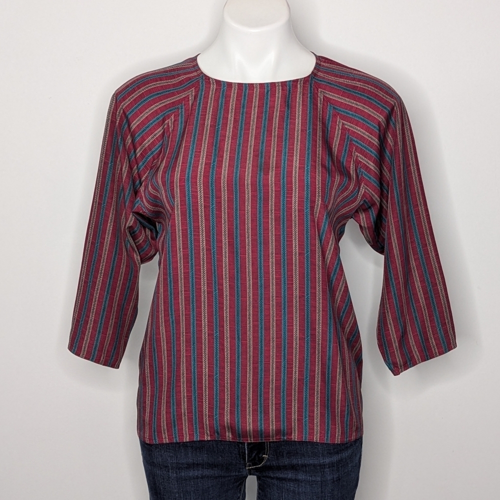 Vintage Alicia Red Blue Tan Striped 1/2 Sleeve Blouse 8